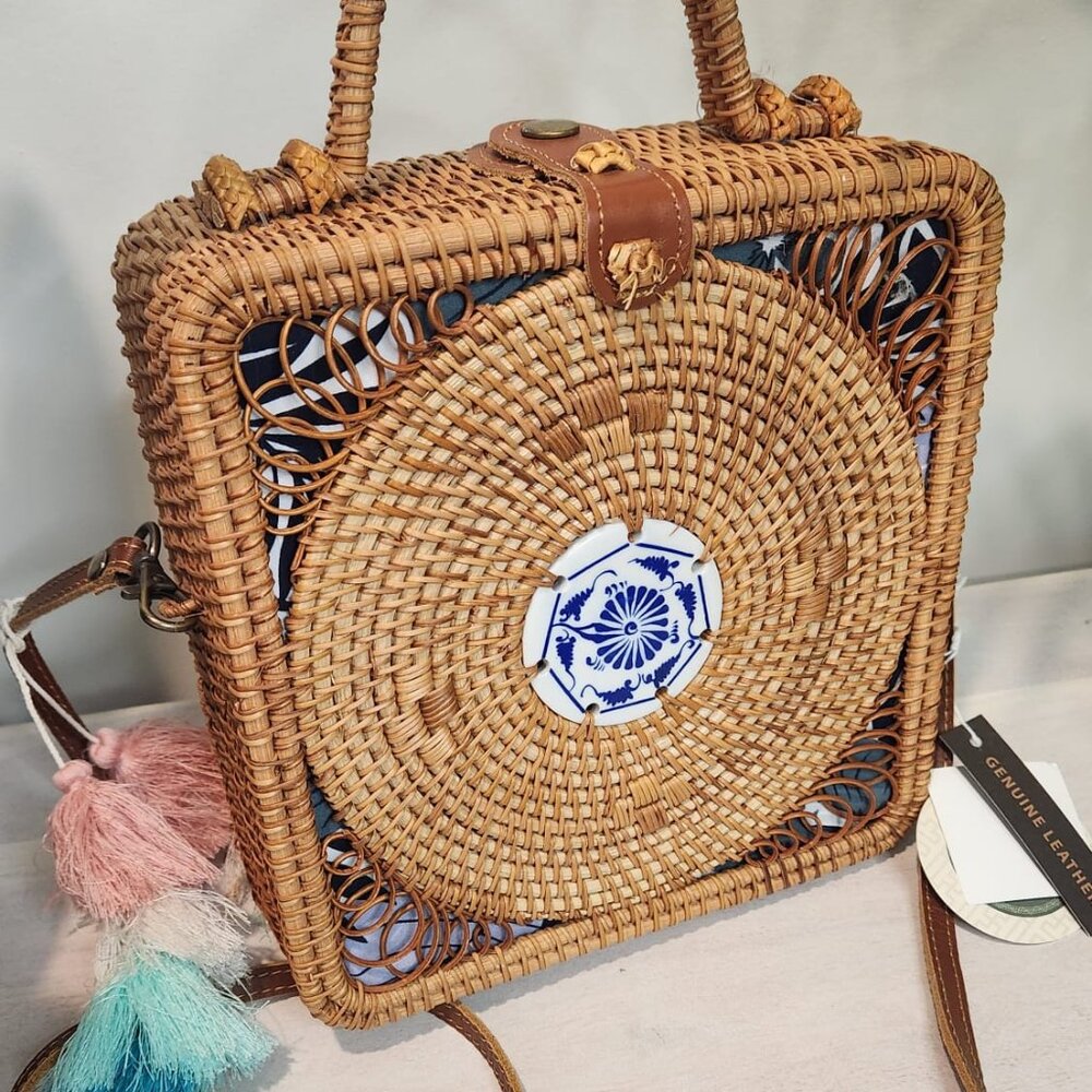 New Handwoven Rattan Crossbody Bag with Blue and White Ceramic Accent | Boho Chi